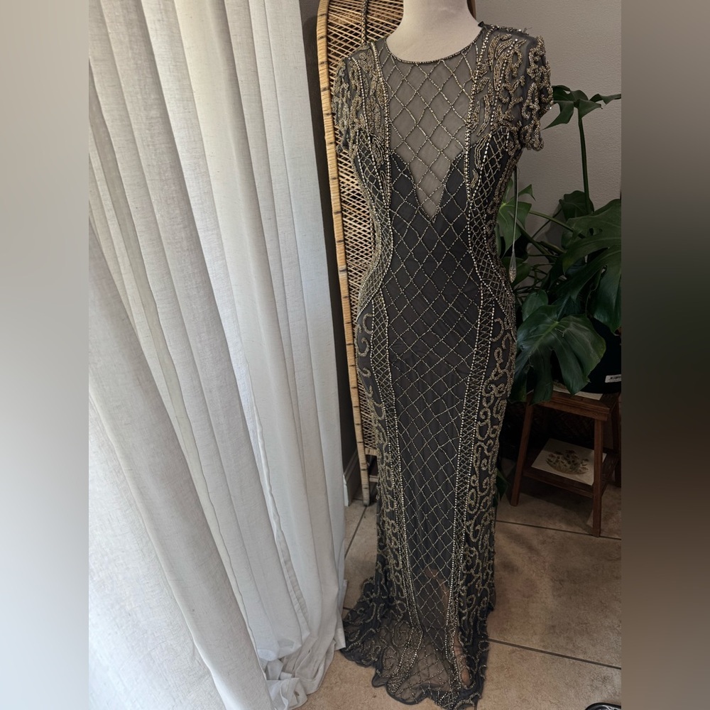 Primavera Couture Black Gold Beaded Illusion Evening Gown Formal Prom Dress